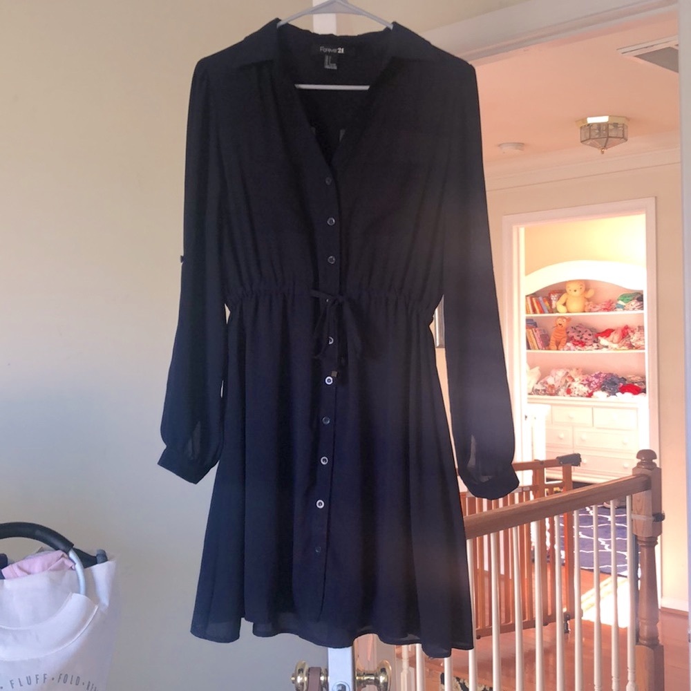 Vintage F21 long sleeve button down drawstring tie waist down navy mini dress